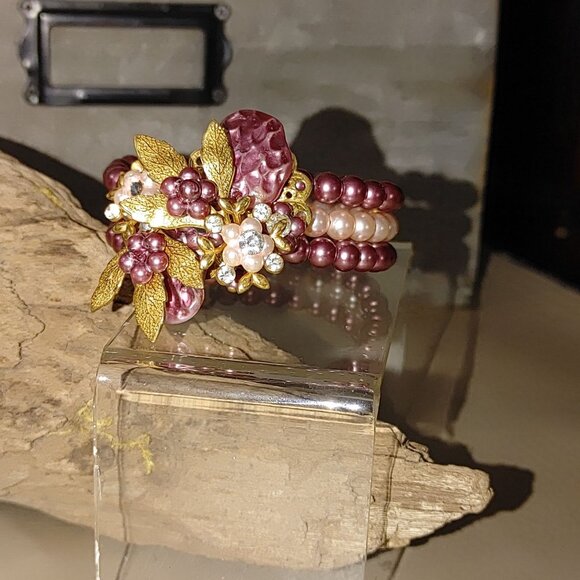 Cuff Beaded Bracelet Vintage Pink Gold Floral Beaded Rhinestones Faux Pearl - Picture 10 of 16